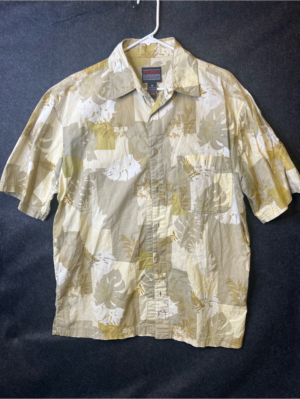 Vintage FUBU Hawaiian Button-Up Shirt Beige Men’s Size M Oversized Fit Y2K Style